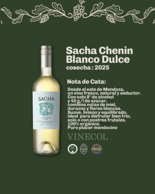 Descubre el encanto natural de Sacha Chenin Blanco Dulce cosecha 2025 de VINECOL 🌿

​Un vino 100% orgánico, ligero y seductor. Con solo 8° de alcohol y 40g/ de azúcar, te ofrece un equilibrio perfecto de notas de miel, durazno y flores blancas.

​Tip: Ideal para disfrutar bien frío, solo o con el maridaje perfecto para tus postres frutales ahora en estos climas cálidos 🌞

​#SachaChenin #VinoOrgánico #Vinecol #Mendoza