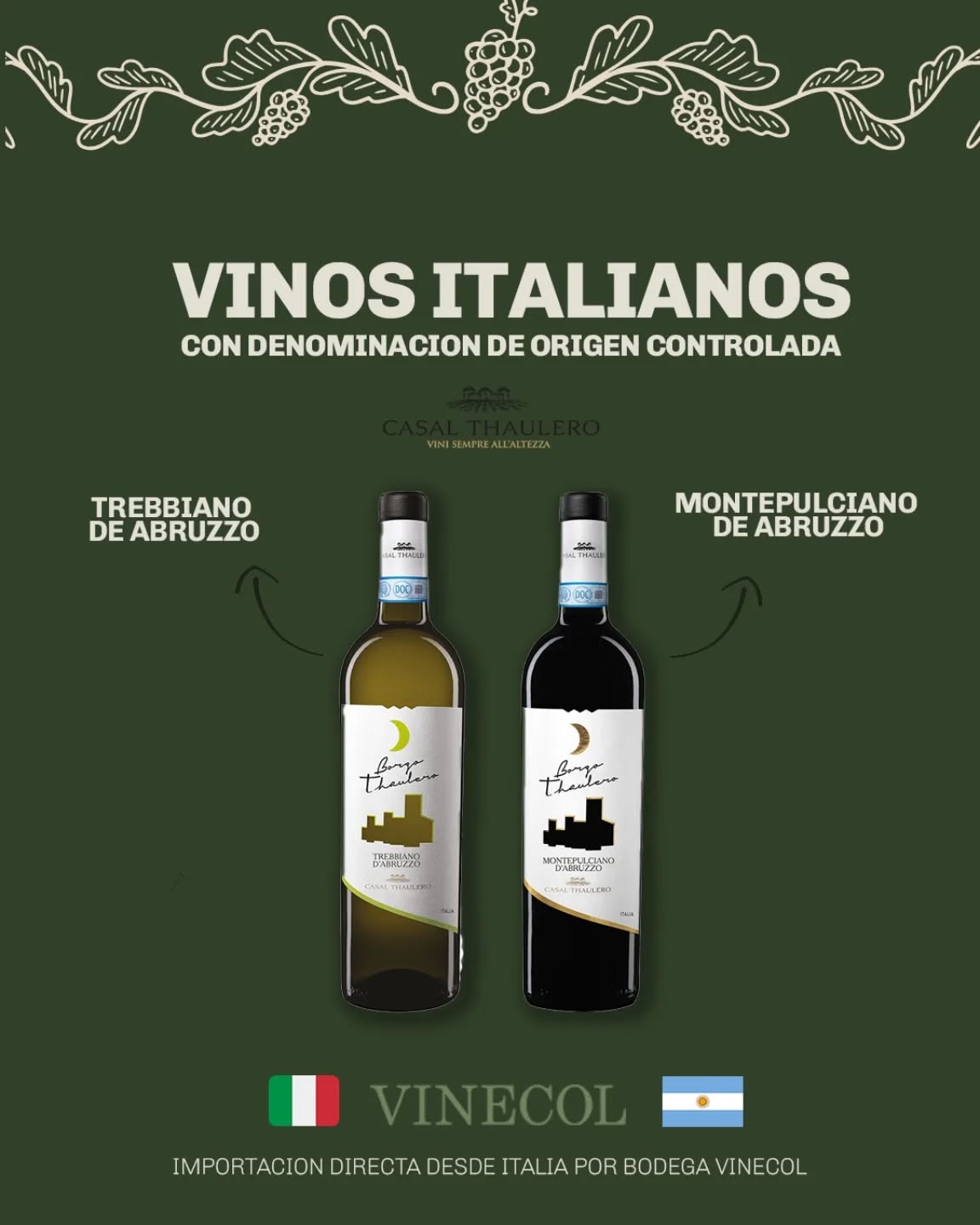 Italia y Argentina se Unen en una Botella.

Bodega Vinecol presenta una selección exclusiva: Vinos Italianos con D.O.C. que definen el sabor de Abruzzo.

✅ Montepulciano D'Abruzzo D.O.C.
✅ Trebbiano D'Abruzzo D.O.C.

Importación Directa desde Italia 🇮🇹 por Bodega Vinecol 🇦🇷.

¡Consultanos por nuestra lista de precios y distribución!

Contactanos para más info👇
📱+54 9 11 3217-2616
📍Administración y Ventas: Rojas 1883, Capital Federal
info@vinecol.com.ar

#VinosItalianos #DOCVinos #AbruzzoWine #Montepulciano #Trebbiano #MontepulcianoDAbruzzo #TrebbianoDAbruzzo #VinoDOC
