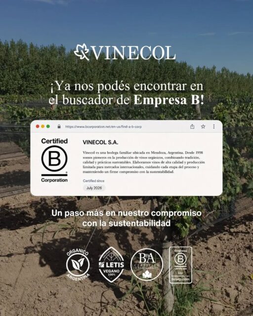Un nuevo hito en nuestro camino hacia un futuro más sustentable 🌿
Ya podés encontrar a Vinecol en el buscador oficial de Empresas B. Este reconocimiento refleja nuestra manera de hacer las cosas: producir vinos de calidad con un impacto positivo en las personas, la comunidad y el ambiente 🍷
Seguimos creciendo con la convicción de que cada botella puede ser parte de un cambio
🍇 Porque la sustentabilidad no es una meta, es la forma en la que elegimos hacer vino
#vinosorganicos #empresab #sellosorgánicos #vinecol