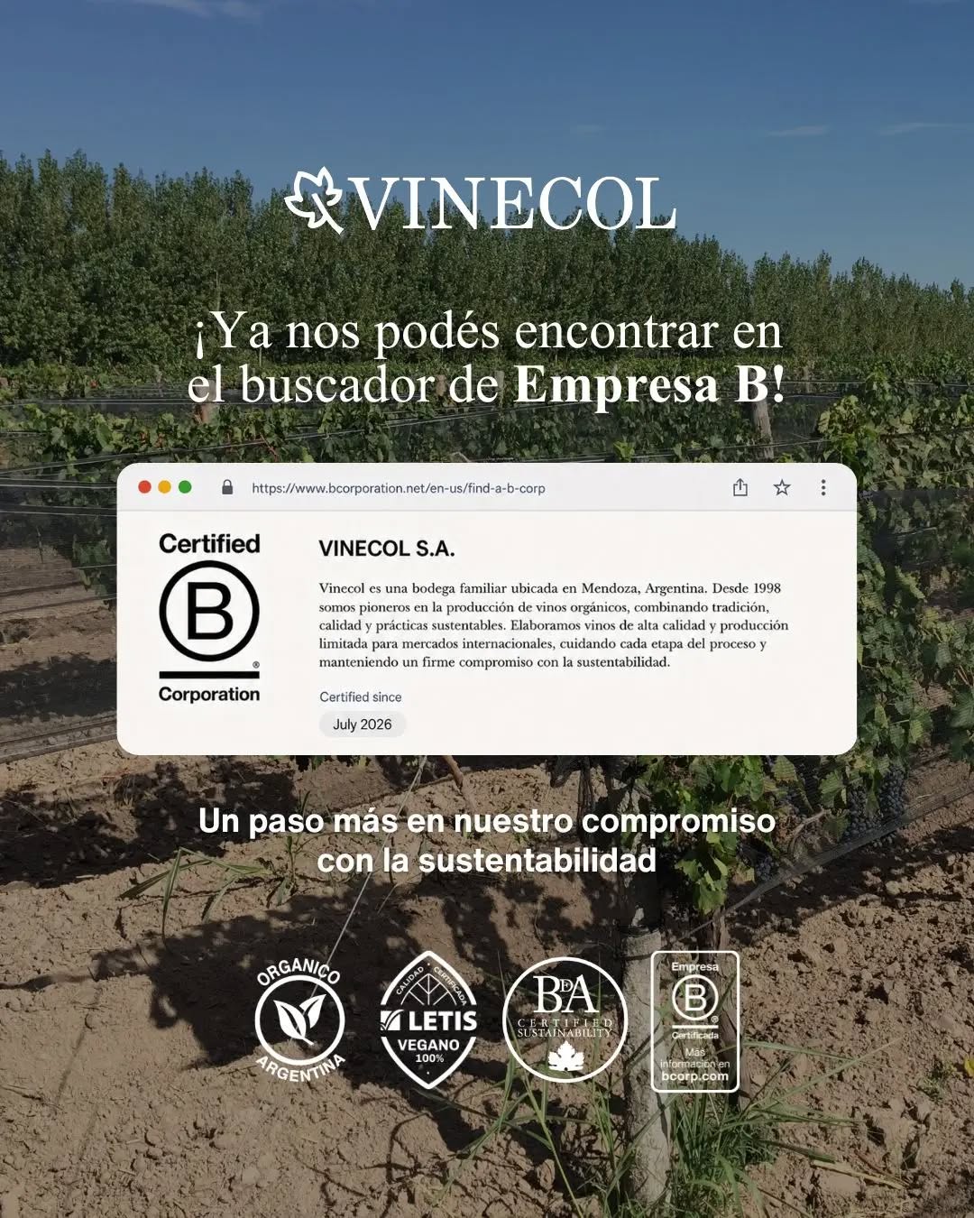 Un nuevo hito en nuestro camino hacia un futuro más sustentable 🌿
Ya podés encontrar a Vinecol en el buscador oficial de Empresas B. Este reconocimiento refleja nuestra manera de hacer las cosas: producir vinos de calidad con un impacto positivo en las personas, la comunidad y el ambiente 🍷
Seguimos creciendo con la convicción de que cada botella puede ser parte de un cambio
🍇 Porque la sustentabilidad no es una meta, es la forma en la que elegimos hacer vino
#vinosorganicos #empresab #sellosorgánicos #vinecol
